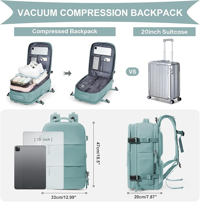 coowoz Vacuum Backpack Travel with Pump,Travel Backpack with Vacuum System For Women Men,Carry On Backpack,Hiking Backpack Waterproof Outdoor Sports Rucksack Casual Daypack,30L(Vacuum pump) Blue