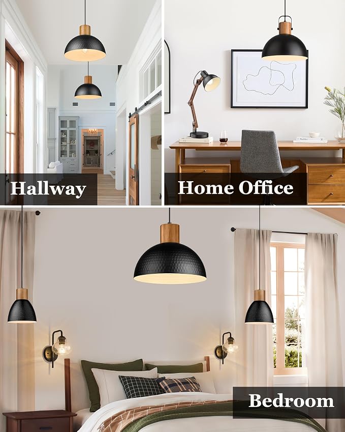 ELYONA 2 Pack Hammered Pendant Lights, 12" Industrial Metal Dome Hanging Lamp, Solid Wood Pendant Light Fixtures for Kitchen Island, Bar, Farmhouse, Dining Room, Bedroom, Hallway, Black
