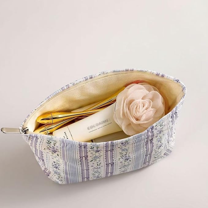 HAPPYHEIDI Makeup Bag Set, Cute Purse Pouch, Purple Floral Cotton, 2-Piece, Zipper Closure, Lightweight