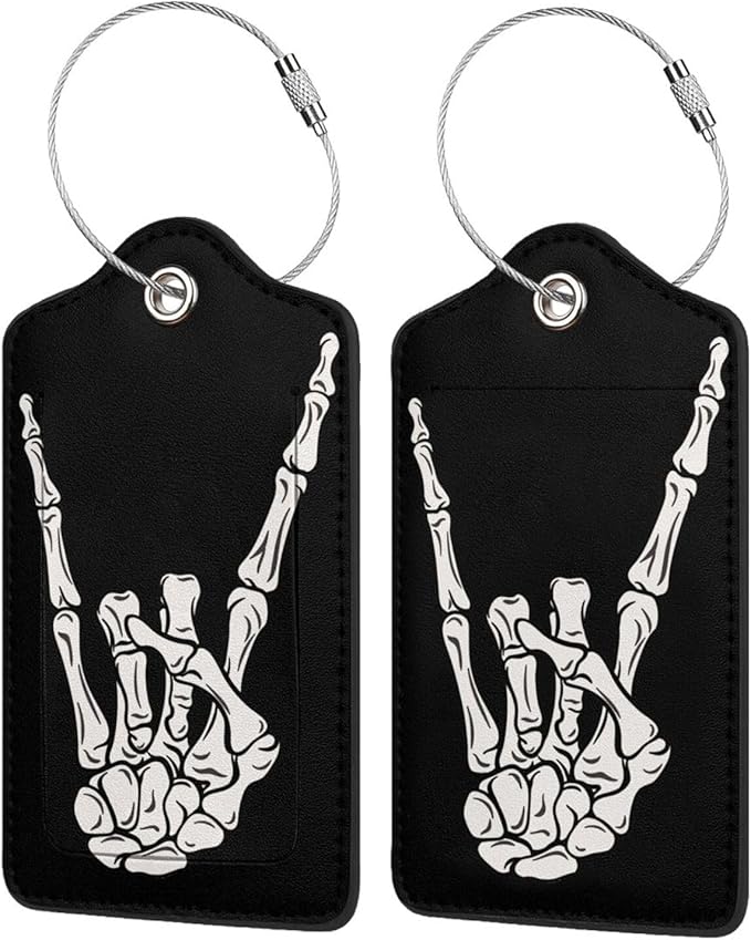 2 Pack Luggage Tags for suitcases Cool Skull Skeleton Rock TSA Approved Label Luggage Tag Baggage Tag Leather Stainless Steel Loop Label Tag for Men Women Travel Bag Suitcase