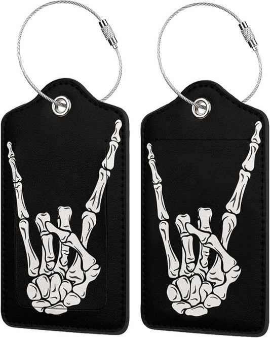2 Pack Luggage Tags for suitcases Cool Skull Skeleton Rock TSA Approved Label Luggage Tag Baggage Tag Leather Stainless Steel Loop Label Tag for Men Women Travel Bag Suitcase