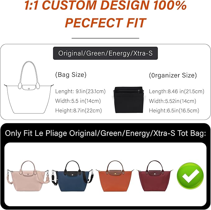 Premium Felt Purse Organizer Insert for Longchamp Le Pliage, Zipper Long Champ Bag Organizer Insert with Cup Holder, 9 Compartments