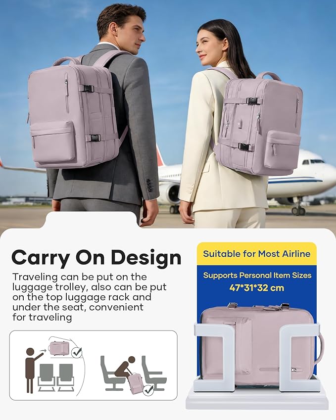 VECAVE Vacuum Backpack Travel with Pump, Expandable Personal Item Carry on Backpacks for Women Men, Laptop Waterproof Work Compression bags with USB Casual Daypack Pink