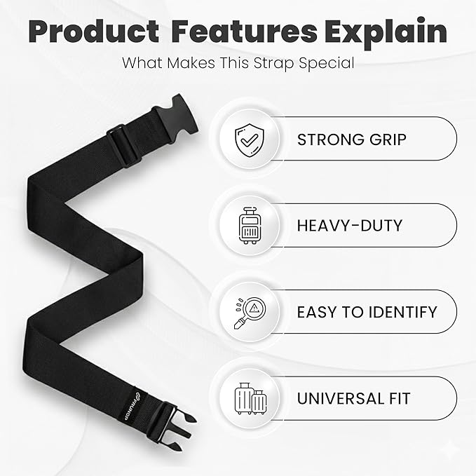 Luggage Straps for Suitcases, Adjustable Travel Suitcase Belts with Buckle Closure, Designed for Carry-On and Checked Luggage, Reusable Travel Accessory, Black - Pack of 2