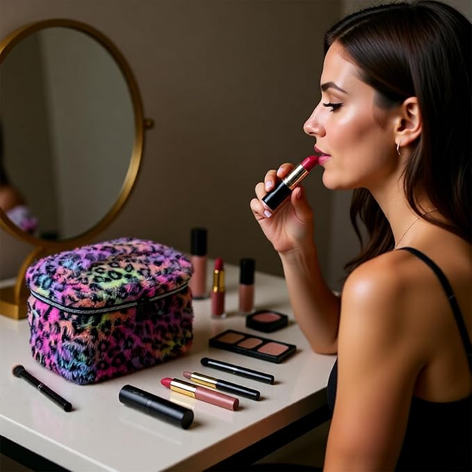 Plush Travel Makeup Bag Toiletry bag for Women Soft Fluffy Cosmetic Bag Portable Foldable (Rainbow Leopard)