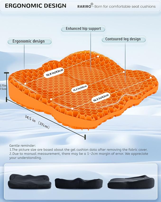 Thickened Gel Seat Cushion, Egg Gel Chair Pads for Wheelchair Pressure Coccyx Sciatica Pain Relief, Cooling Desk Seat Cushion for Kayak, Car, Office Chair Long Sitting[Orange-2.75"]