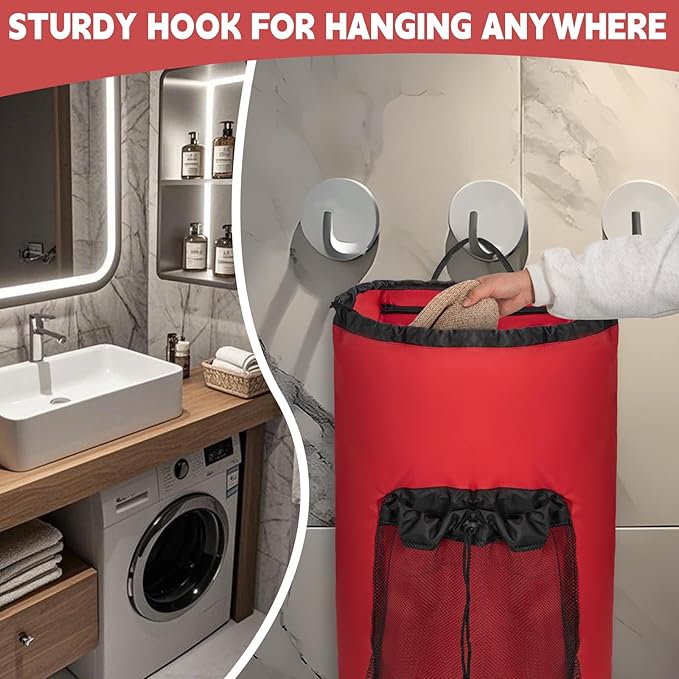 150L Laundry Bag Backpack with 3 Sizes Mesh Wash Bags and Shoulder Straps Foldable Clothes Hamper Bag with Drawstring Closure for College, Apartment, Laundromat (Red)