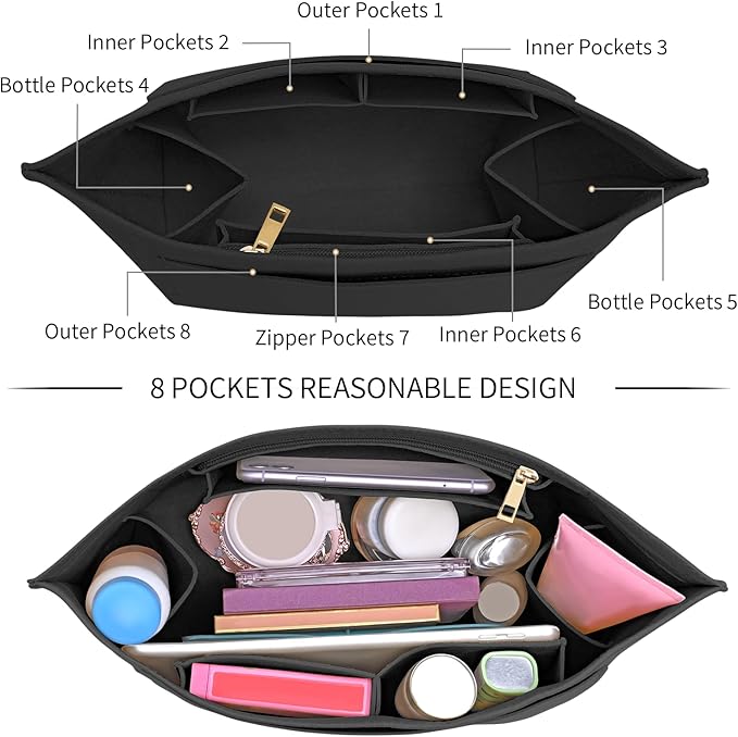 LOUKAYCCI Purse Organizer Insert for Longchamp Le Pliage L Handbag Insert Felt Long Champ Tote Bag Organizer Insert with Cup (Black, Large)