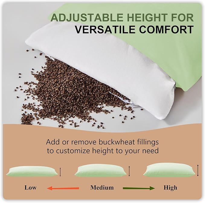 Organic Buckwheat Pillow for Sleeping with Dual-Layer Pillowcase and Extra Tartary Buckwheat Hulls, Adjust Height and Firmness, Neck Support Pillow for Back and Side Sleepers 20"x26", Sage Green