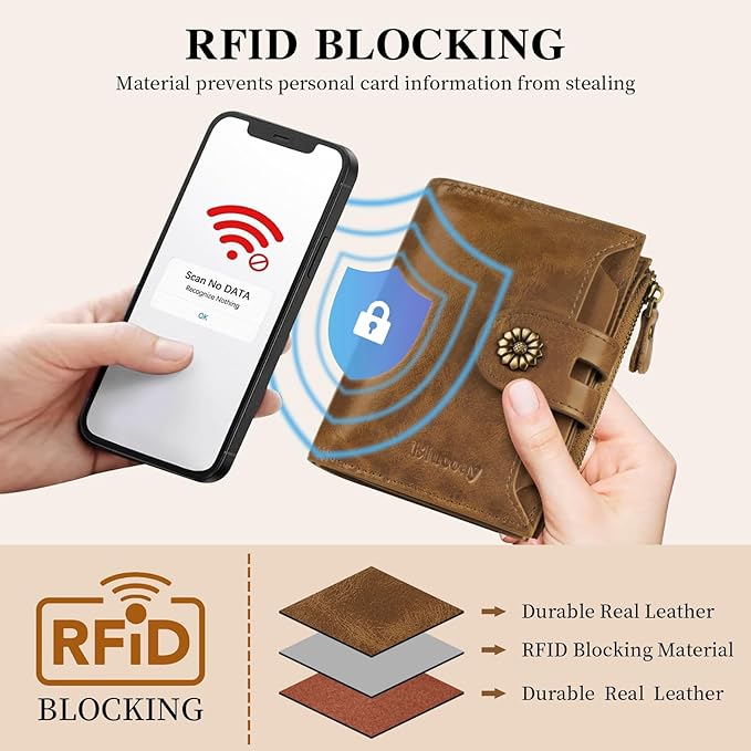 Wallet Women,RFID Blocking Womens Wallet,Leather Bifold Compact Small Wallet for Women Card Holder with Zip Coin Pocket(apricotbrown)