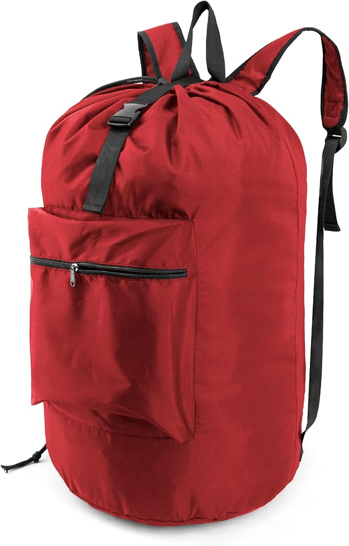 BeeGreen Laundry-Bag-Backpack-Extra-Large, Red Nylon Drawstring Portable Laundry Backpack Tall Foldable Heavy Duty Dirty Clothes Travel Bag with Handle College Dorm Apartment Essentials