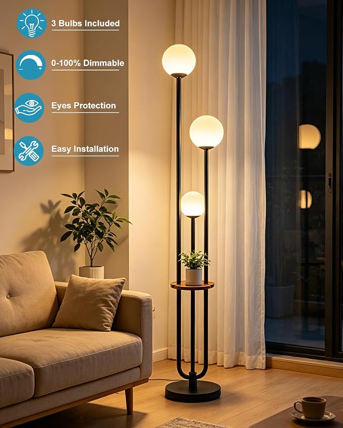 Lightdot Dimmable Floor Lamp for Living Room 3-Globe Standing Lamp with Table Candle Holder Style 3000K Warmwhite Bulbs Included Black Tall Lamps with 5Lbs Heavy Base for Sofa Beside/Corner Decor