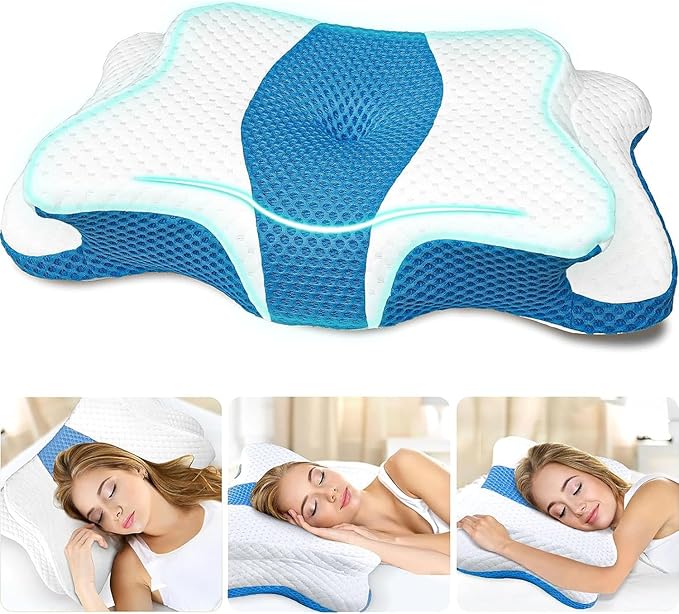 Memory Foam Pillows, Cervical Pillow for Neck and Shoulder Pain Relief, Ergonomic Contour Bed Pillow, Soft for Side Sleep Stomach Sleeping and Back Sleeper-Queen Size&Blue