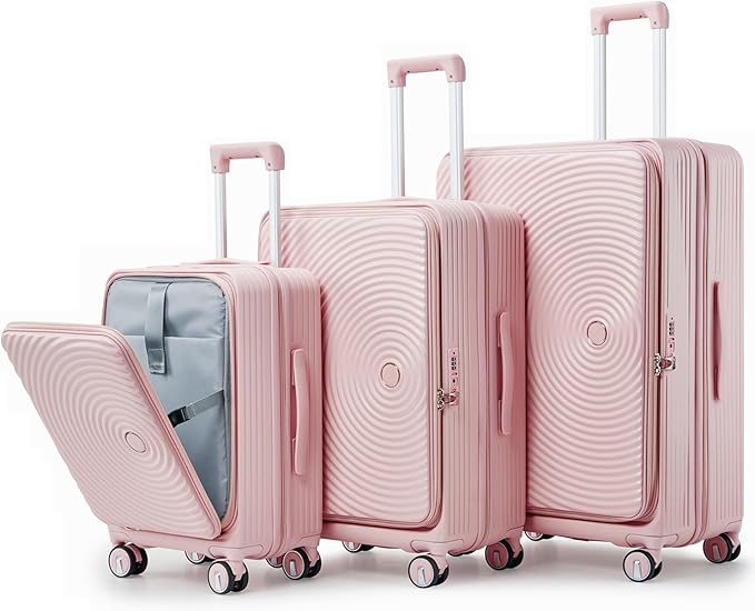 3 Piece Luggage Set 100% PC Hardshell, Front Opening Expandable Suitcase (20/24/28) with Laptop Compartment & Free Custom PVC Covers, Trunk Style Lightweight Spinner Wheels TSA Lock (Pink)