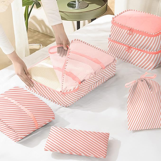 KPX 8 Set Packing Cubes for Travel, Luggage Packing Organizers Accessories Large Toiletries Bag for Clothes Shoes Cosmetics (Pink Strips)