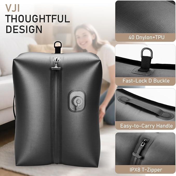 VJI Reusable Vacuum Bag for Travel, IPX8 Waterproof Compression Storage Bag for Luggage and Closet, Space Saving and Leakproof Packing Organizer (Black, With pump)