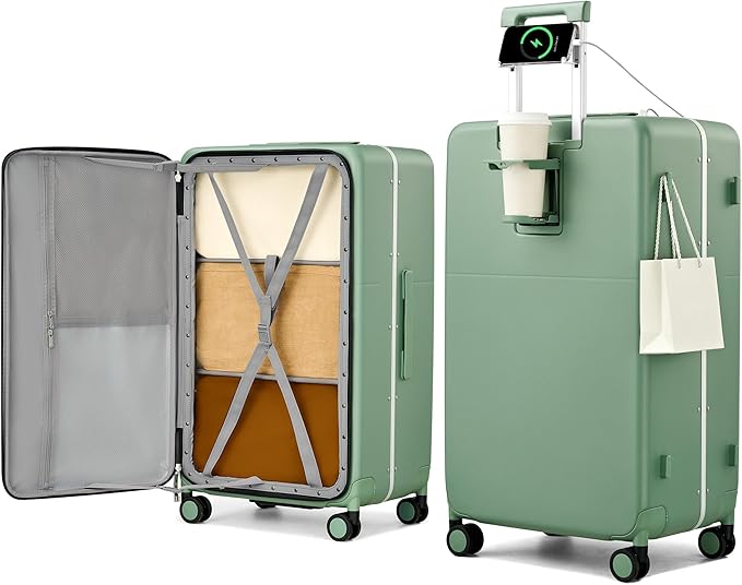 Hanke 28 Inch Top Opening Hard Shell Luggage, PC Aluminum Frame Extra Large Suitcase with Cup Holder, USB-C Charging Port, TSA Lock, 8 Silent Spinner Wheels& Removable Dividers,Forest Green