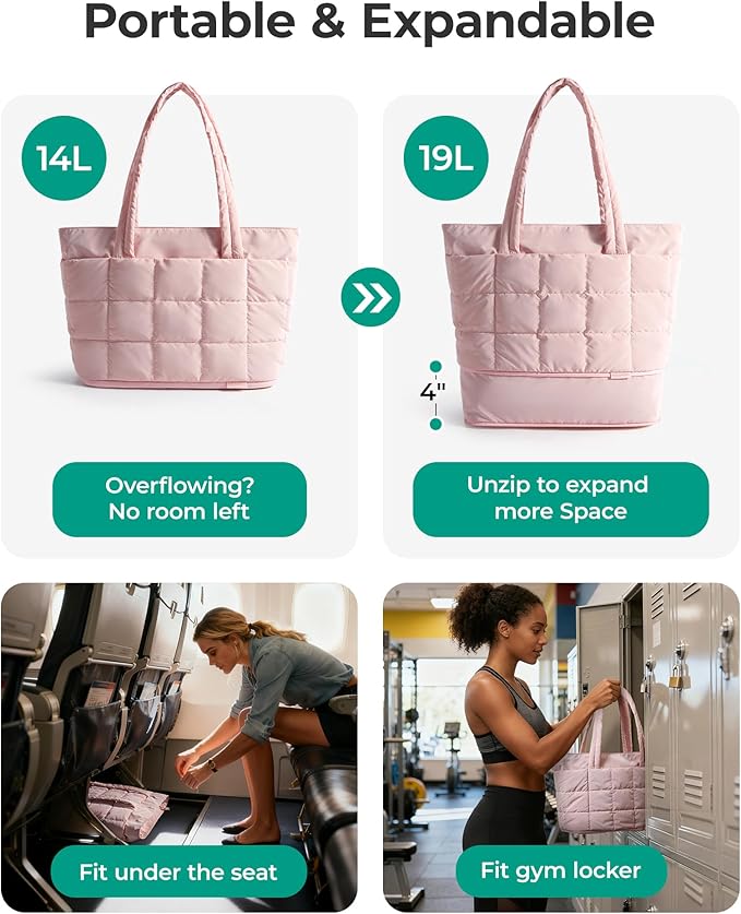 BAGSMART Expandable Tote Bag for Women, Puffer Work Tote Handbag, Quilted Carry On Bag for Travel Gym