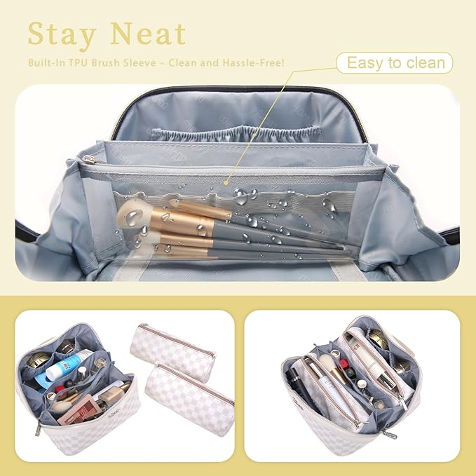 BOYATU Travel Makeup Bag Organizer Cosmetic Bag: 3 Pcs Set Make up Bags for Women with Handle - Waterproof Vegan Leather Toiletry Bags Travel Essentials Pouch with Compartments (H-04-Orange)