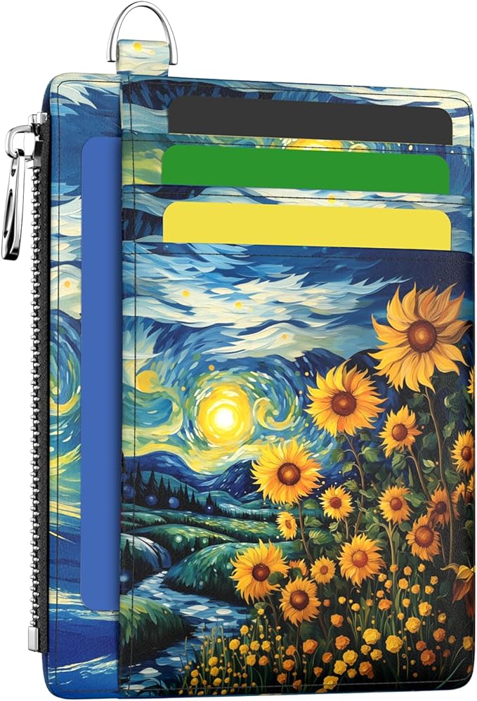 Hancynir Slim Wallet Women Credit Card Holder Sunflowers RFID Small Mini Card Case Front Pocket PU Leather Thin Travel Zipper Coin Cash ID Window Ladies Female Wallet Gifts
