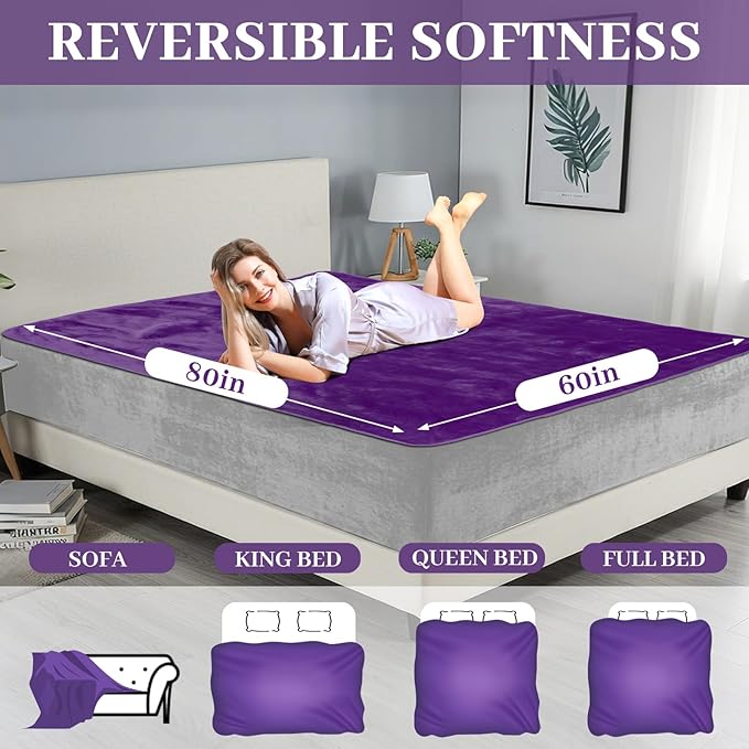 Tisancy Love Purple Waterproof Bed Blanket, Queen Size 80'' x 60'' Double Side Leakproof Reversible Sherpa Flannel Fleece 3 Layer Lightweight Red Blanket, Absorbs 50oz