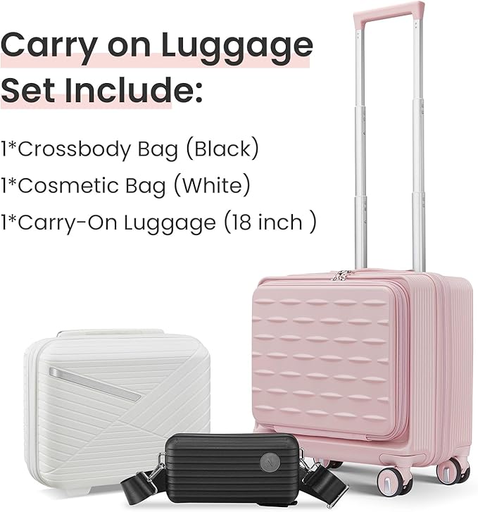 3 Piece Luggage Set 16 Inch Carry On with Front Opening, Expandable PC Hardshell Suitcase with 14" Cosmetic Case & Handbag, Lightweight Underseat Rolling Luggage with TSA Lock & PVC Cover