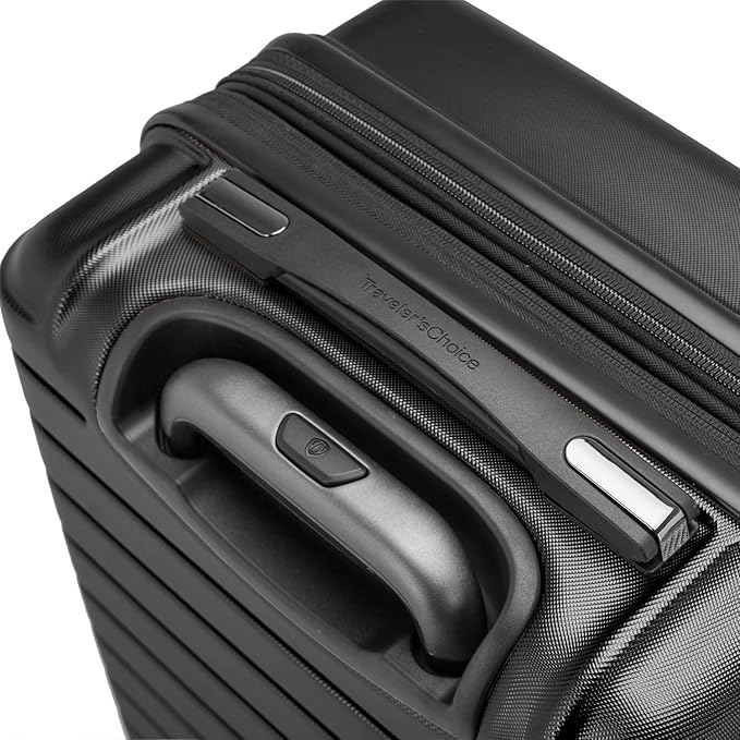Traveler's Choice Archer Polycarbonate Hardside Spinner Luggage Set, Tie Down Straps, Black, Checked 25-Inch