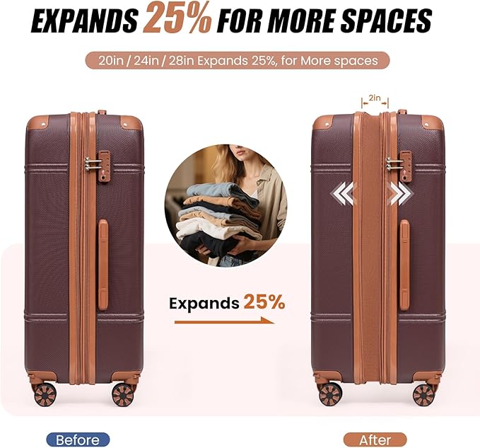 Expandable Luggage Sets 5 Piece with Detachable Spinner Wheels and TSA Lock,ABS Hard Case Suitcases with Wheels,Carry On Luggage Set