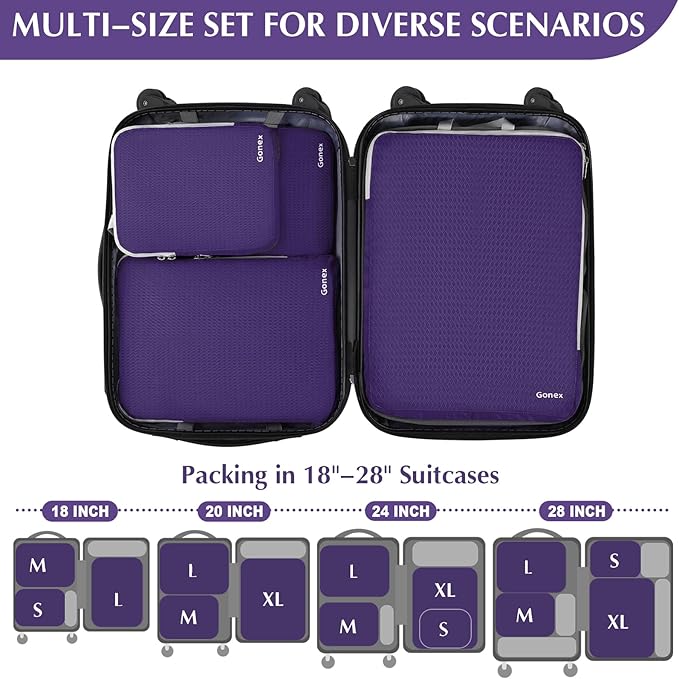 Gonex Compression Packing Cubes, 4pcs Expandable Storage Travel Luggage Bags Organizers (Purple)