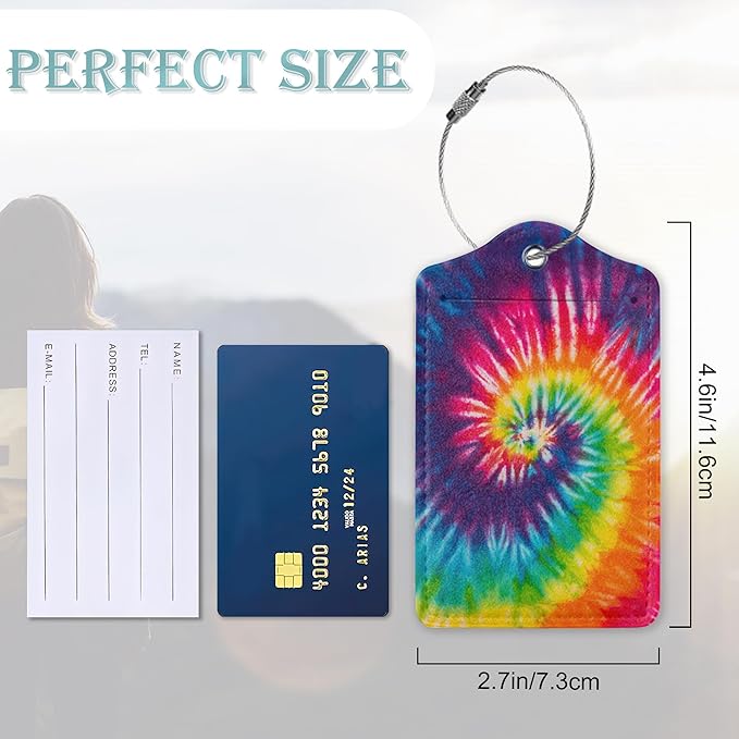 Tie Dye Luggage Tag,Colorful Rainbow Luggage Tags of Set 2 Leather Identifiers Privacy Cover with Stainless Steel Loop for Women Men Travel Bag Suitcase