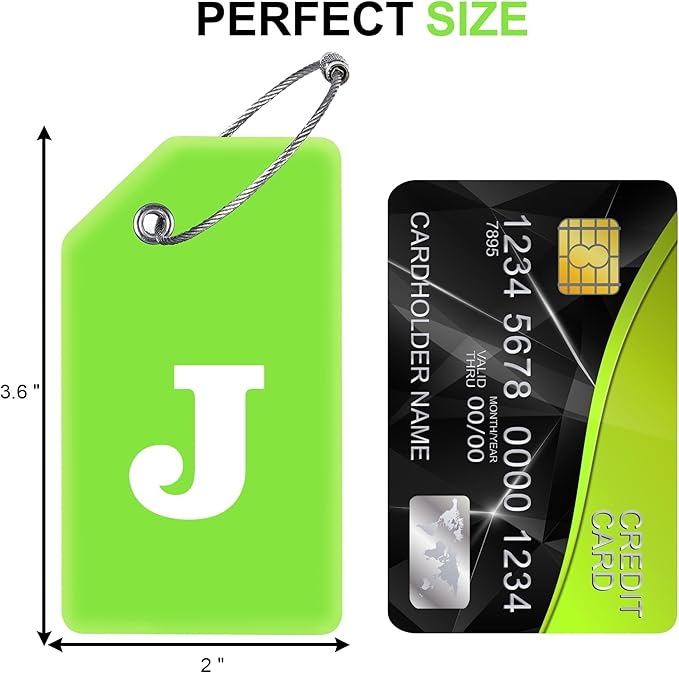 Gostwo 8 Pack Luggage Tags for Suitcases, 26 Initial Letter Travel Luggage Baggage Identification Labels ID Tags Fully Bendable Tags with Stainless Steel Loop (Letter J, Green)