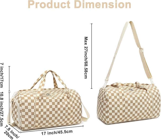 LEDAOU Duffle Bag Girls Kids Cute Dance Bag with Shoe Compartment Gym Bag with Wet Pocket Sports Overnight Travel Workout Bag (Checkered Brown-White)