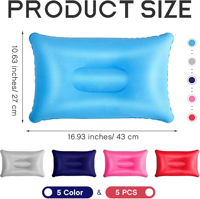 Maitys 5 Pieces Inflatable Travel Pillow Portable Compact Air Pillow Flocked Fabric Backpacking for Camping Hiking Home Office Sleeping Neck Head Lumbar Support(16.93 x 10.63 Inches,Multicolor)