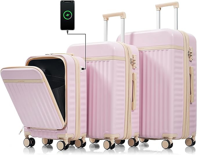Hardshell Luggage, Lightweight Suitcase with Spinner Wheels, LIGHT PINK+USB