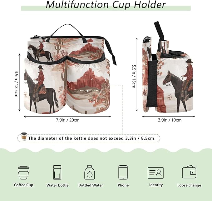 Vintage Cowboys on Horses Cactus Desert Luggage Cup Holder Travel Portable Free Hand Drink Carrier Suitcase Drinks Beverage Holder Carry-On Bottle Mug Holder Organizer Bag Travelers Accessorie