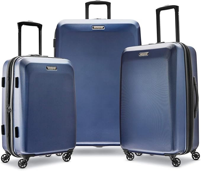 American Tourister Moonlight Hardside Expandable Luggage with Spinner Wheels, Navy, Checked-Medium 24-Inch