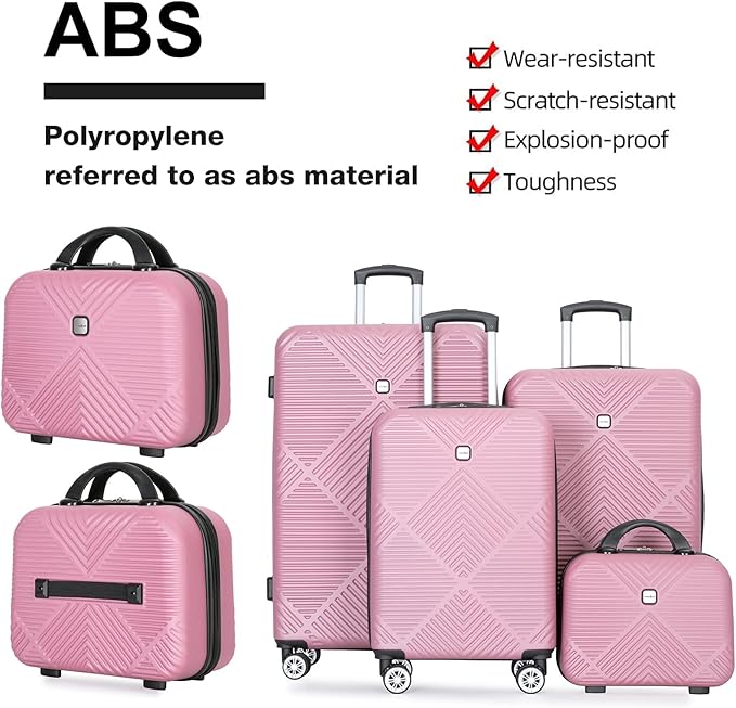 Luggage 4 Piece Set, Hardshell ABS Suitcase Set with Double Spinner Wheels, Lightweight Durable Large Luggage set, Carry On and Checked Travel Luggage, Pink