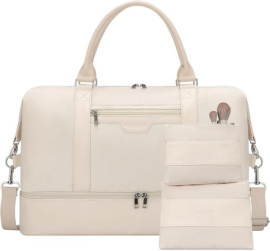 Oeihuivt Weekender Bags for Women - 21 Inch Large Travel Duffel Bag 2-Piece Set with Shoe Compartment, Heavy-Duty Canvas Leather Carry On Overnight Tote