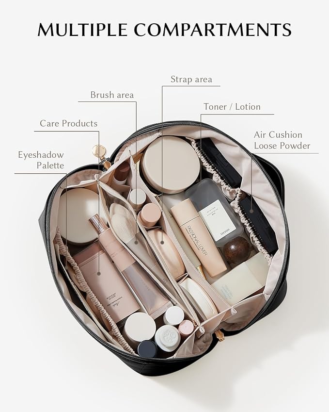 EACHY Travel Makeup Bag, Large Capacity Cosmetic Bag for Women, Waterproof PU Leather, Flat Open Portable Toiletry Bag for Skincare, Brushes & Travel Essentials
