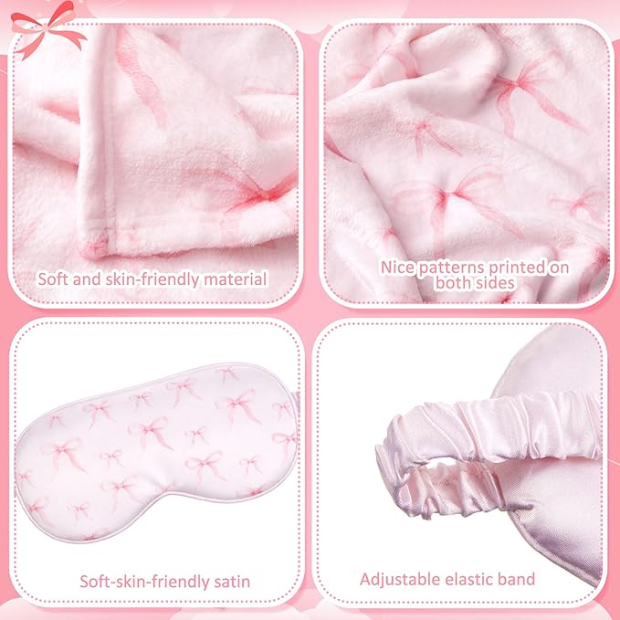 3 Pcs Travel Airplane Blanket Gift Set for Women 40 x 60 Pink Bow Throw Blanket, Eye Mask and Storage Bag with Hand Luggage Sleeve Comfort and Self Care Essentials for Flying Train and Road Trip