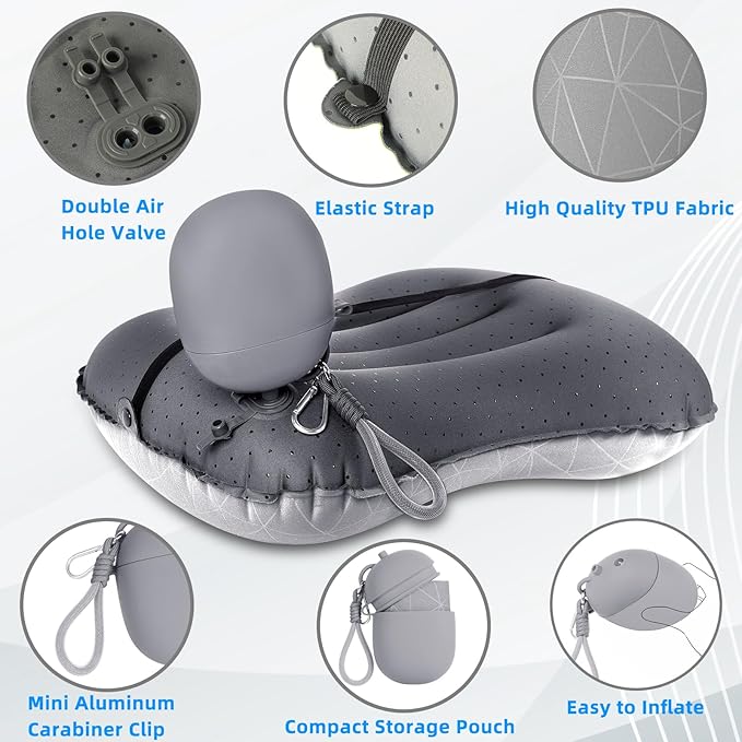 Camping Inflatable Pillow with 2-in-1 Silicone Air Pump Storage Bag – Ultralight Travel Pillow for Airplane, Lumbar Support, Dual Valve Easy Inflate, Compressible Ergonomic (Grey)