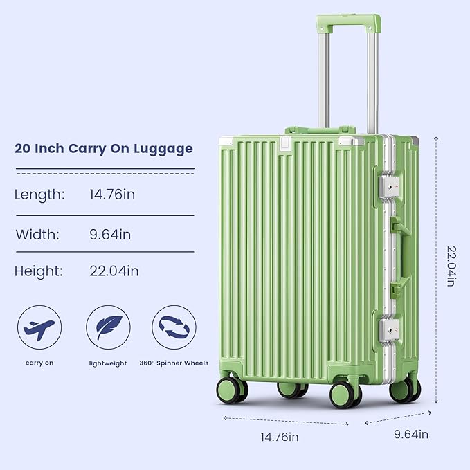 20 Inch Carry On Suitcase, Aluminum Frame Zipperless Hard Shell Luggage with Spinner Wheels, TSA Lock, USB Charging Port, Phone Holder, Cup Holder for Business Travel and Trips, Fruit Green