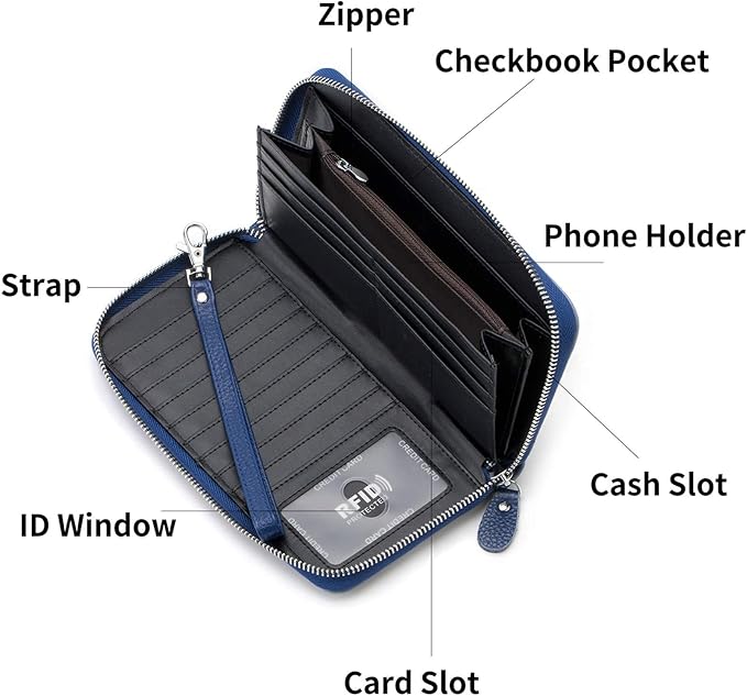 Moflycom Womens Wallet RFID Blocking Genuine Leather Multi Credit Card Large Capacity Zip Around Clutch Travel Purse Wristlet