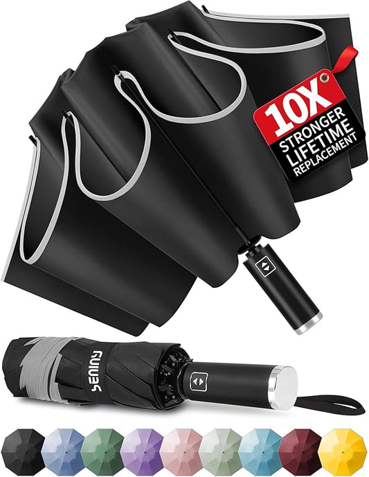 Seniny Inverted Travel Umbrella Compact - Windproof Umbrellas for Rain with Reflective Strip, Large UV Umbrella for Sun Protection, Automatic Portable Umbrellas Fold in Reverse for Car, Backpack