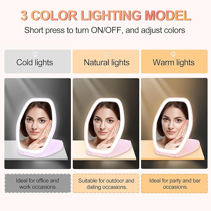 COSYGLOW Travel Makeup Mirror with Light: 3 Color Lighting Portable Mirror with Touch Screen Rechargeable Adjustable LED Lights Hexagon Vanity Mirror for Travel, Desk, Home (Purple)