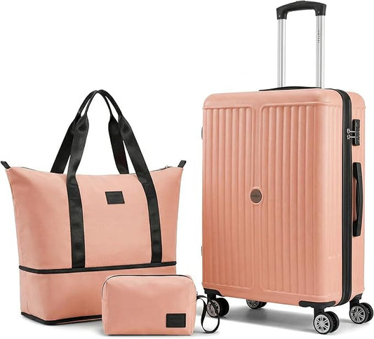 Hoteel Luggage Sets 3 Piece ABS+PC Hardside, 4-Year Warranty, Luggage Set with Spinner Wheels, TSA Lock, Lightweight Carry on Luggage, 20" Suitcase with Duffel & Organizer, Light Pink