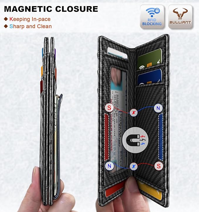 BULLIANT Magnetic Closure Slim Wallet-Genuine Leather Front Pocket Wallet for Men,RFID Blocking,Holds 12 Cards and Money Clip