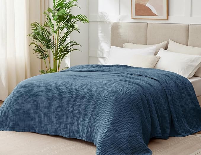 100% Cotton Muslin Blanket Queen 90" x 90", 6 Layers Breathable and Lightweight Cotton Throw Blanket for Bed, Soft Quilt Bedspread Coverlet, Gauze Blanket for Adults All Season, Blue