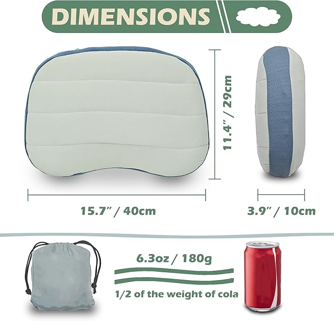 Inflatable Travel Camping Pillow - Ultralight, Portable, Removable, Double Cotton Cover Pillow for Neck Support with Storage Bag for Camping, Traveling, Backpacking, Hiking