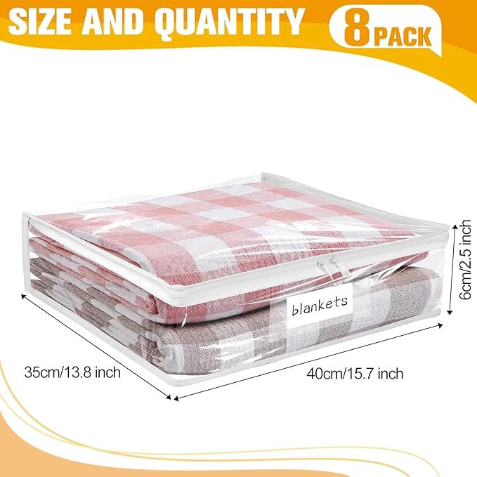 Plastic Storage Bags with Easy-Glide Zipper, Pack of 8, Durable Clear Vinyl Zippered Storage Bags for Clothes Sweaters Comforters Blankets Sheets Bedding (15.7 x 13.8 x 2.5 Inch)